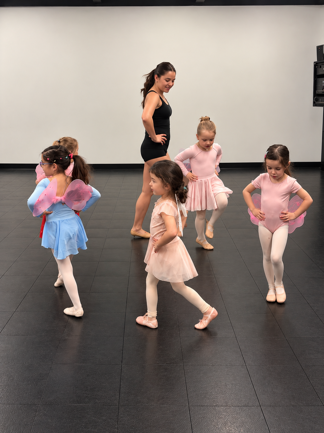 Young dancers practising ballet with their teacher in the studio