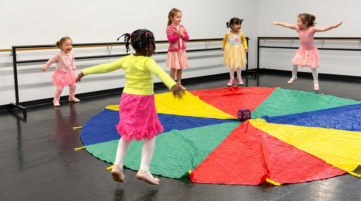 Mini Movers dancing around a rainbow parachute at Danscott Studio
